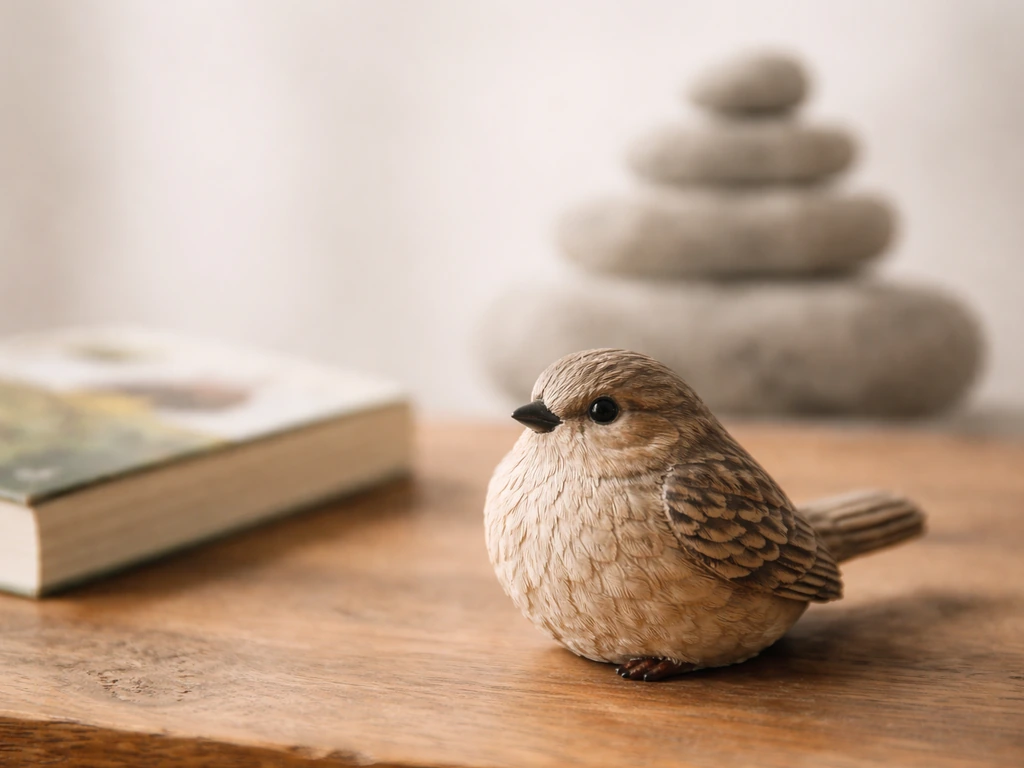 Wooden tabletop with a small bird figure and blurred tiered stone “ladder” suggesting least concern.