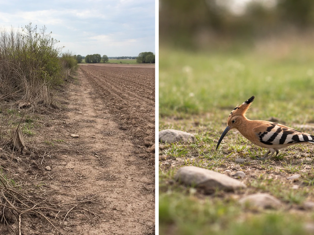 Two-panel farmland collage: cleared hedgerow beside plowed fields and a hoopoe foraging on open ground.