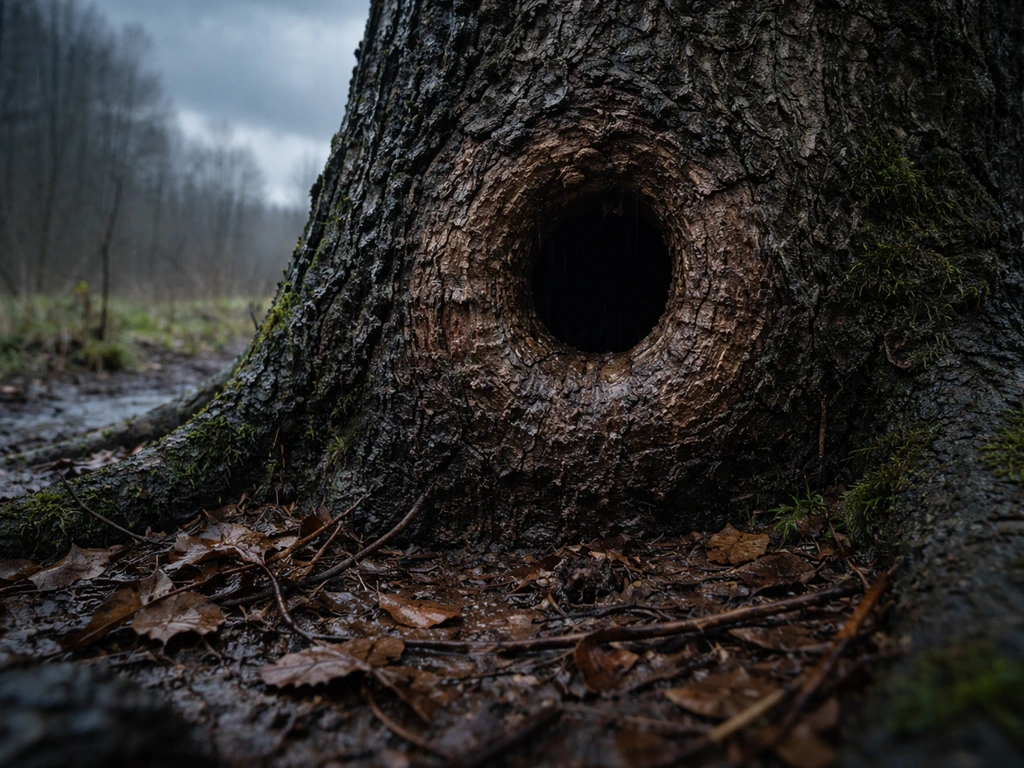 Hoopoe nesting hole in a tree cavity with wet ground and stormy sky in the background