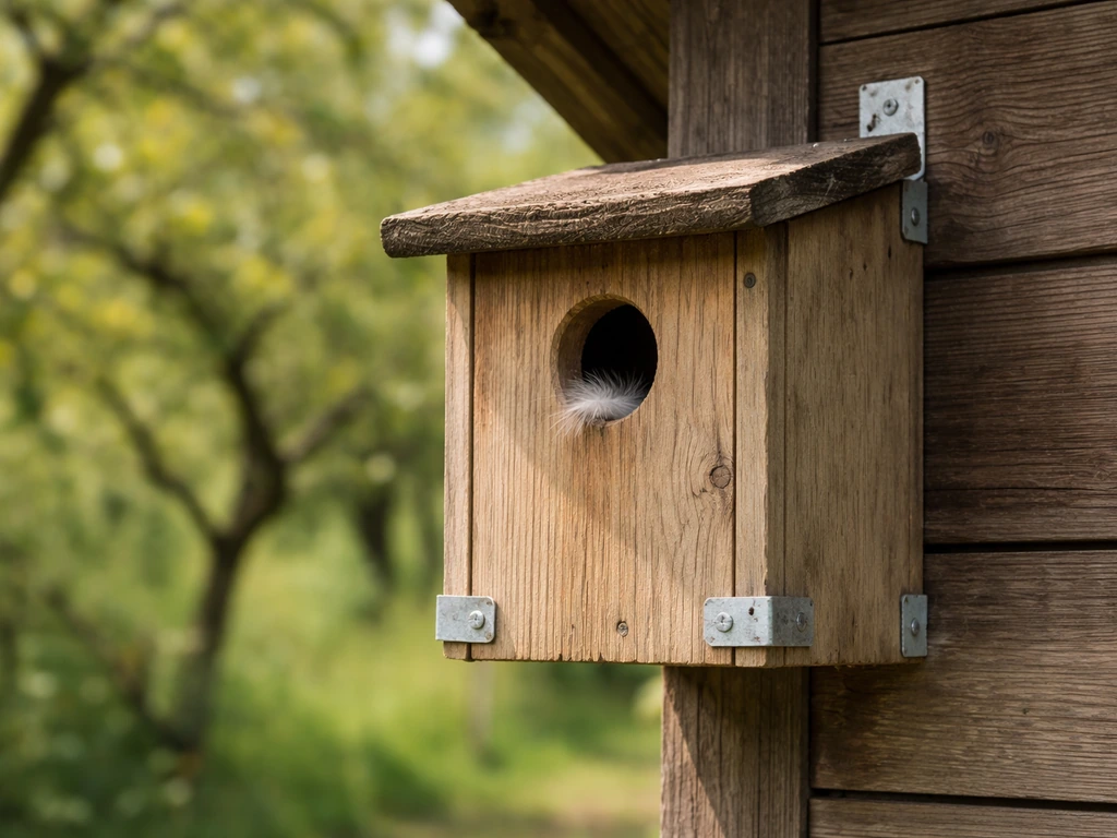 Hoopoe nest box mounted on a wall in a quiet orchard, showing entrance and protective hardware.