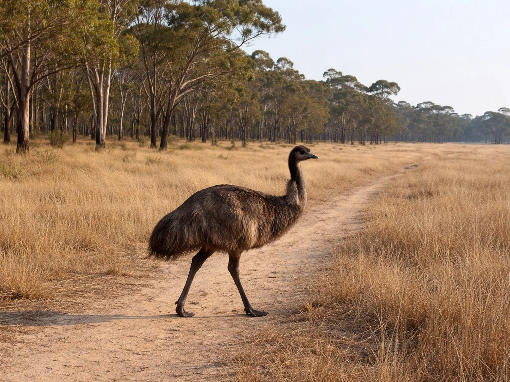 Emu walking through open grassland with sparse trees under clear skies in Australia.