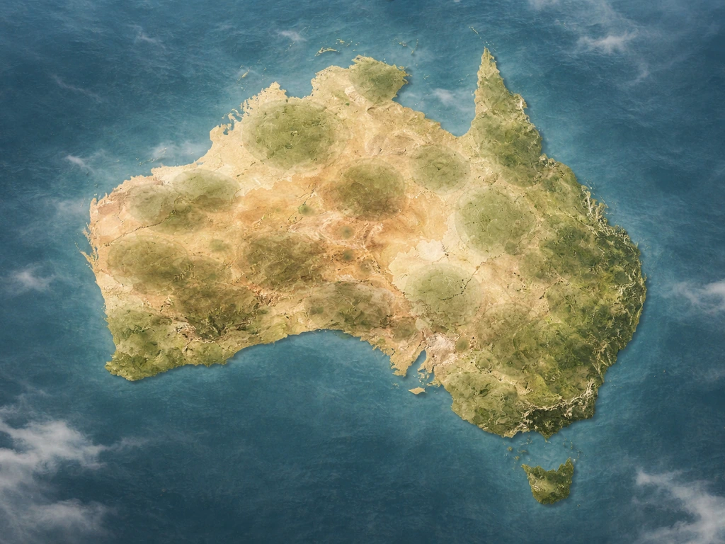 Minimal map-style visual suggesting emu distribution across Australia with soft patch coverage