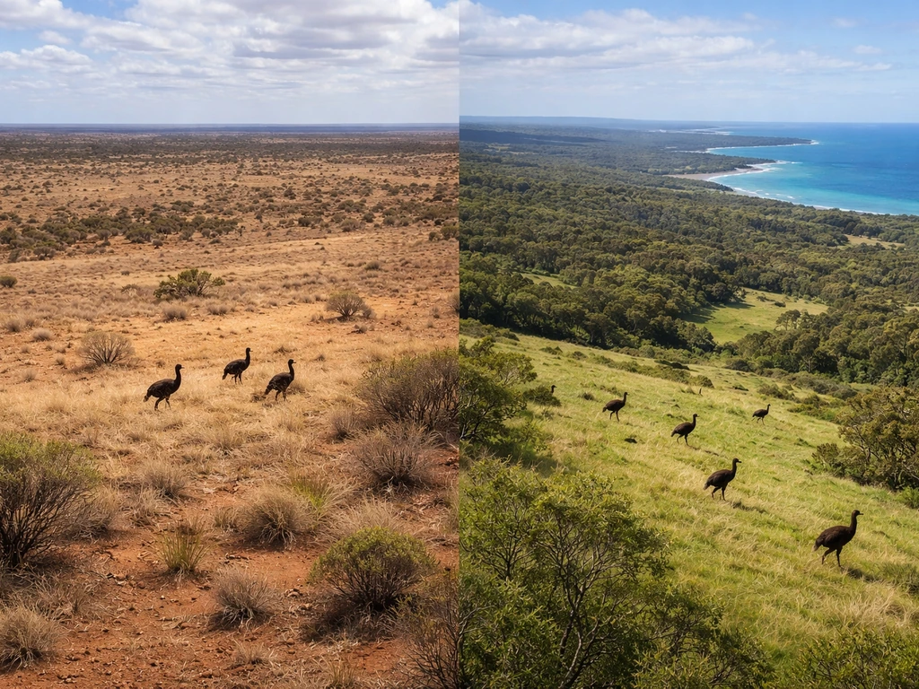 Split-view aerial-style scene of Australia showing more green coastal areas and drier inland with emu silhouettes