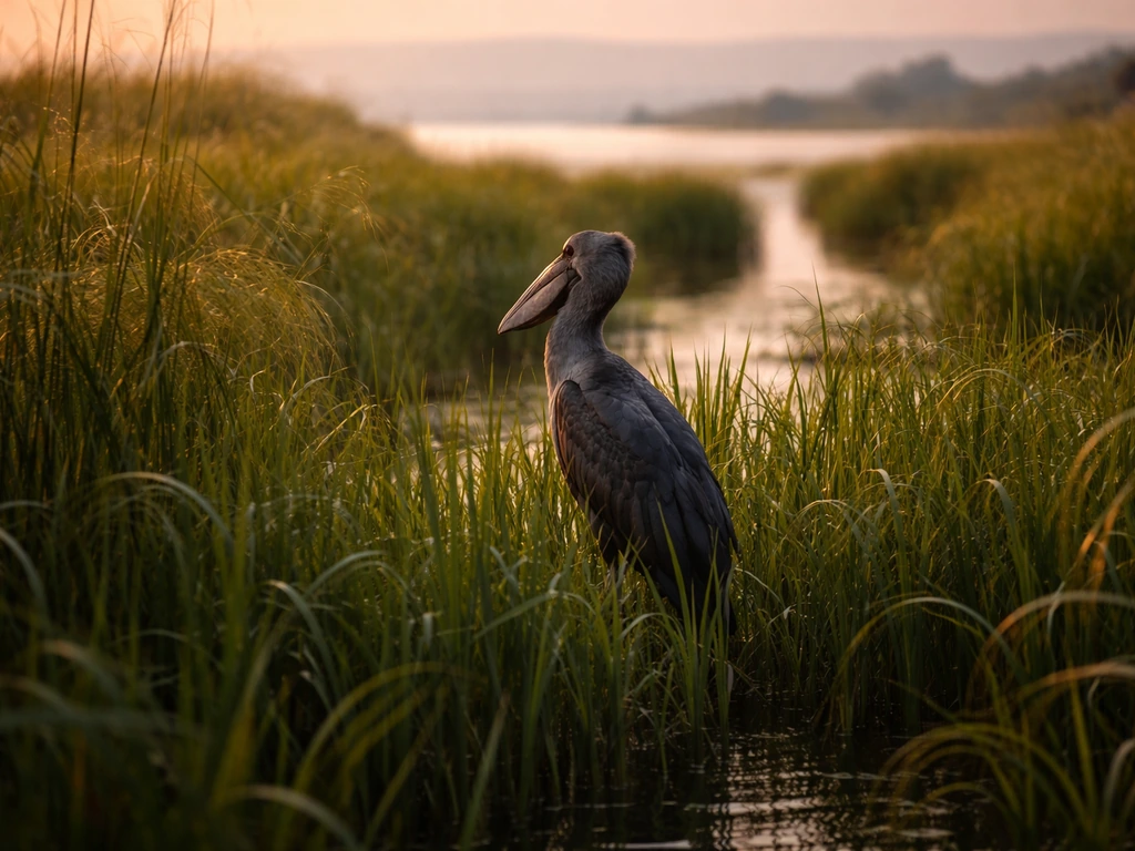 Shoebill-like rare bird perched in papyrus reeds along Lake Victoria wetland in Uganda.