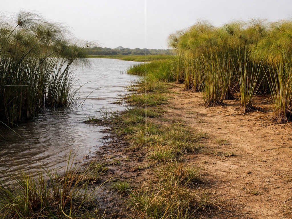 Split view of Uganda wetlands: rainy shoreline with water and dry papyrus edge under sun