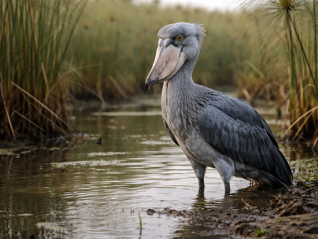 Shoebill wading among papyrus reeds in a calm wetland near Mabamba Bay, Uganda.