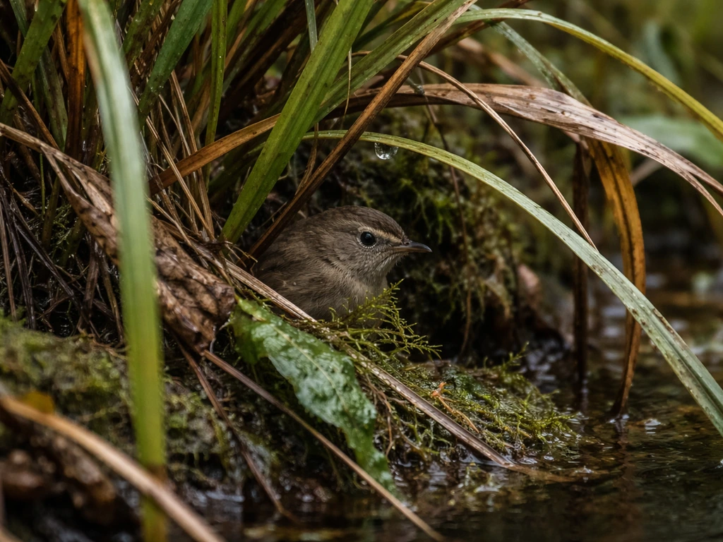 A small brown bird skulking in dense high-altitude swamp vegetation in Uganda, barely visible.