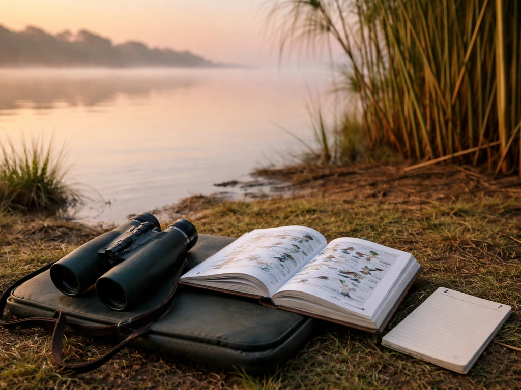 Dawn lakeshore with binoculars and a field guide resting on a small pad beside papyrus, for wildlife confirmation