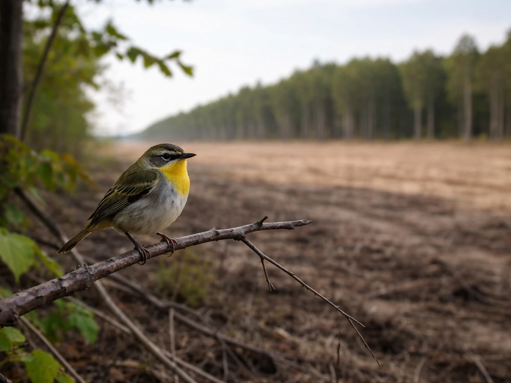 A small bird perched on a branch at a forest edge overlooking cleared land.