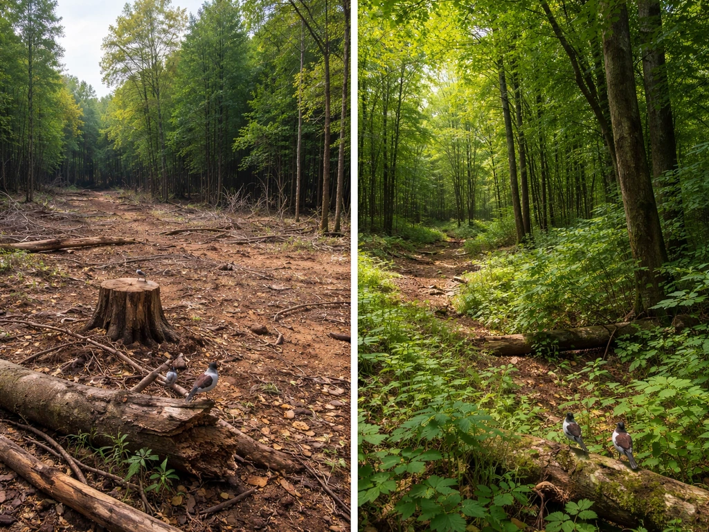 Split view of a cleared deforested patch beside lush intact forest habitat used by birds.
