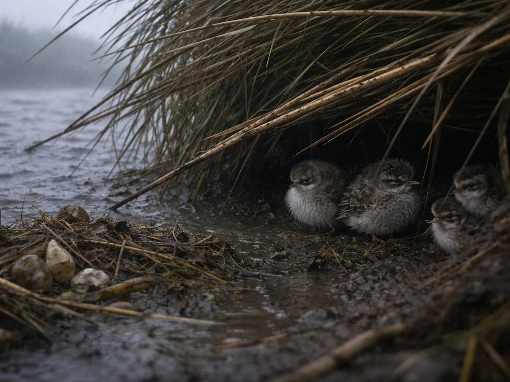 A drenched shoreline nest area with waterlogged ground and a few birds sheltering during a storm.