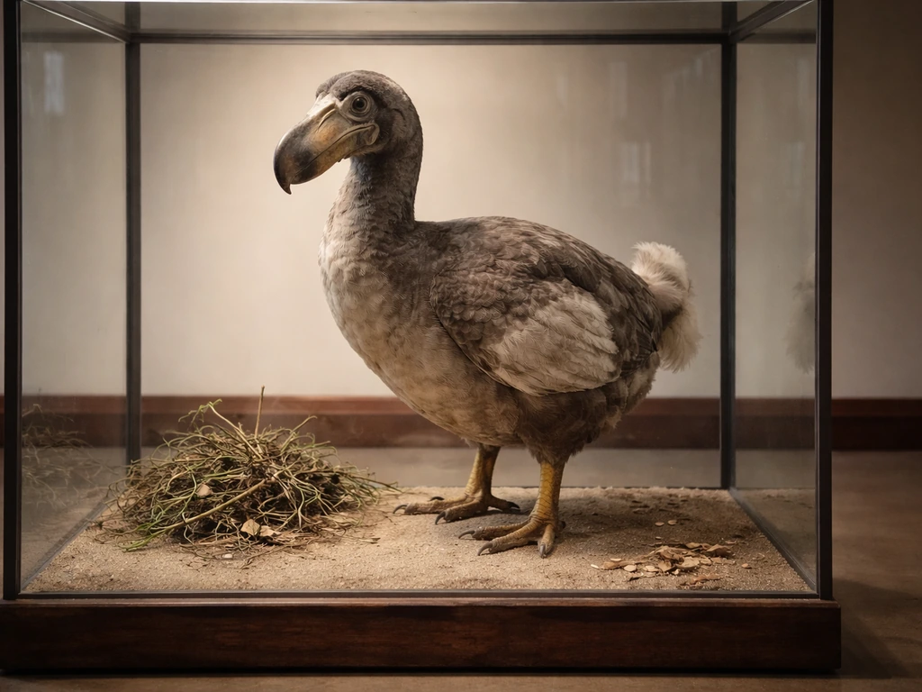 Museum diorama of a dodo bird specimen beside a natural threat cue like decaying plant matter