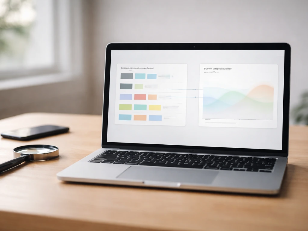 Laptop on a desk with blurred mock threat-code panels and a simple linked trend visual, minimal scene.