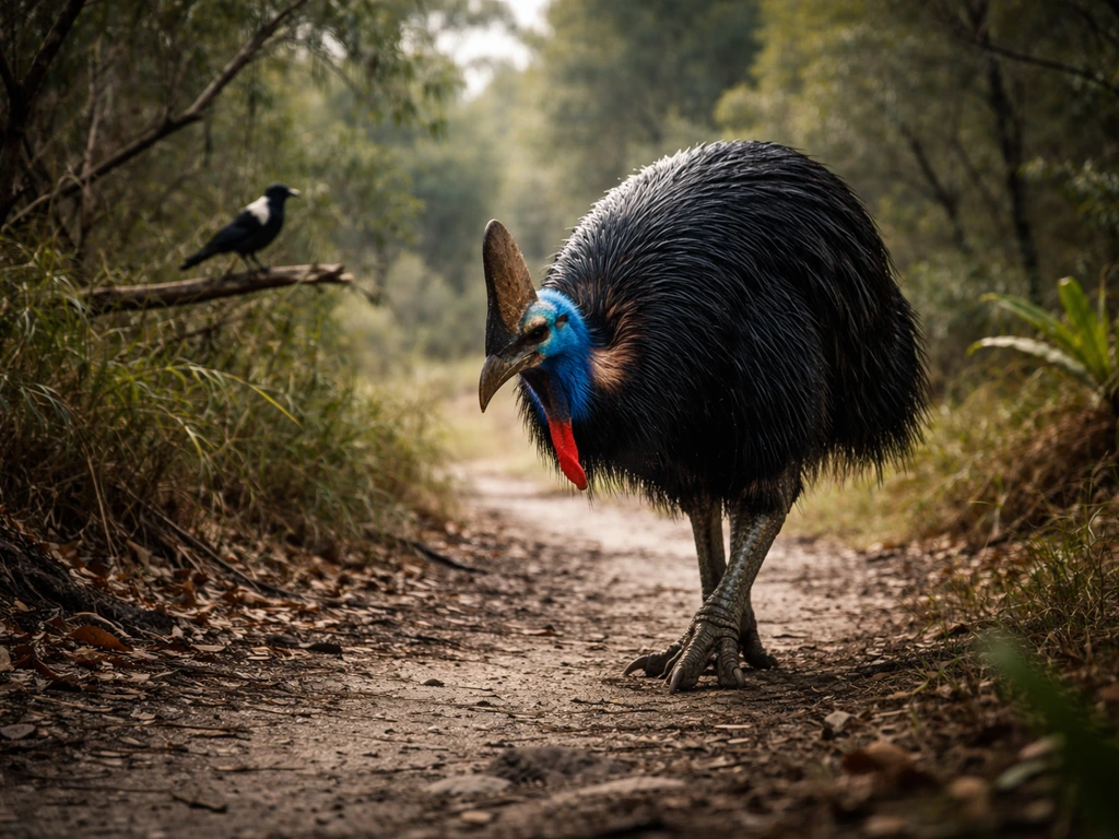 A cassowary stands alert on an Australian path as a distant magpie watches in tense, dramatic nature light.