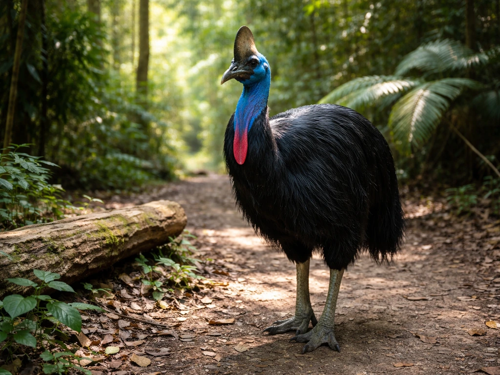 Southern cassowary standing beside a fallen log in an Australian rainforest, showing size and danger context.
