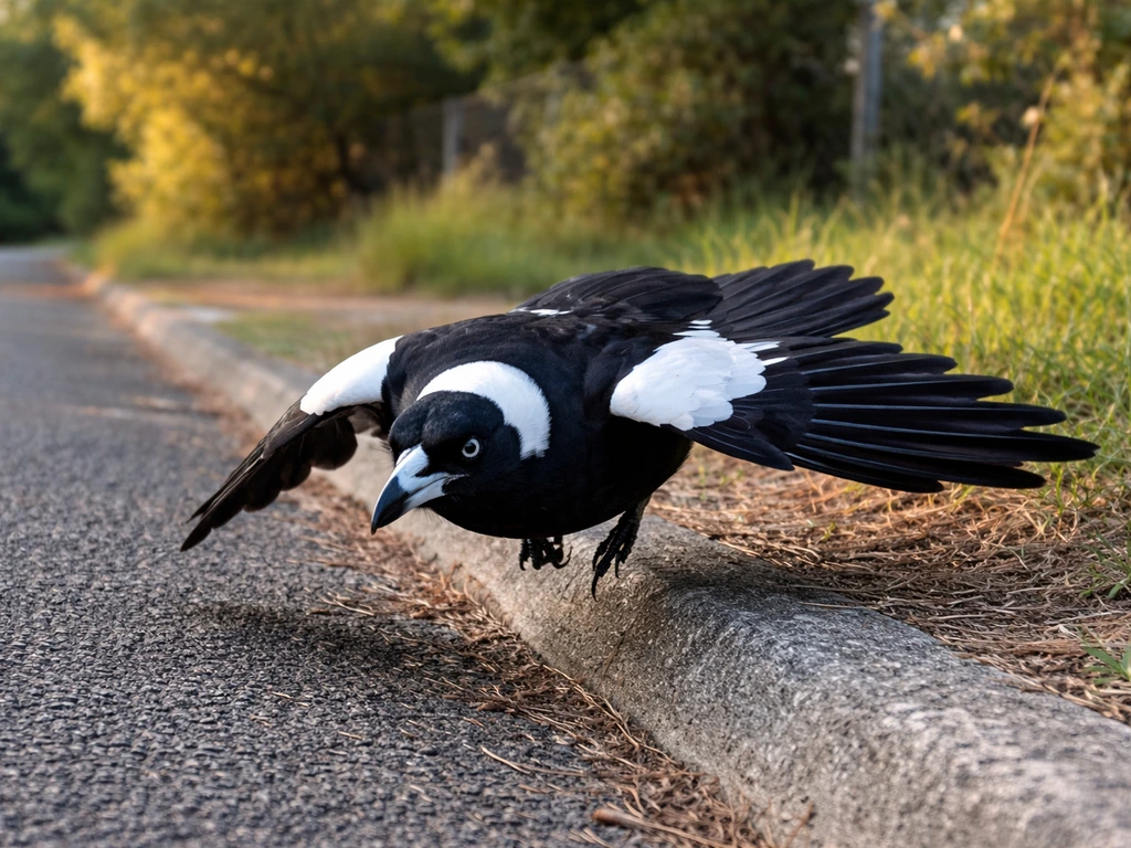 Australian magpie swooping defensively on a quiet street edge during nesting season.
