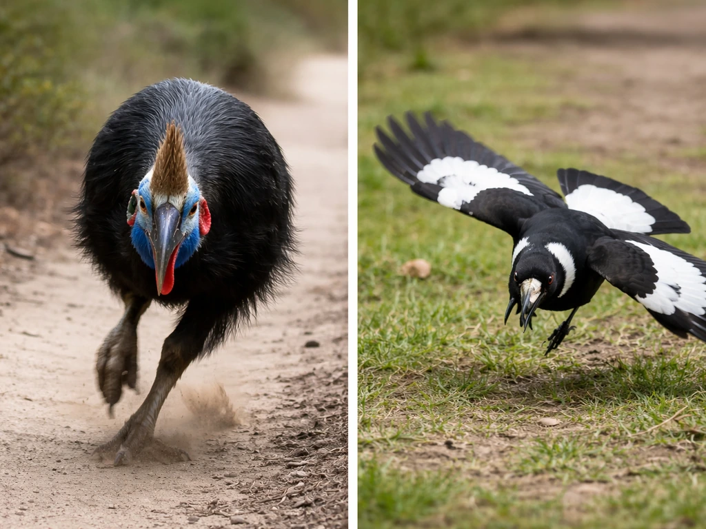 Two-panel photo: cassowary charging in a scrubby yard; magpie swooping low over ground.
