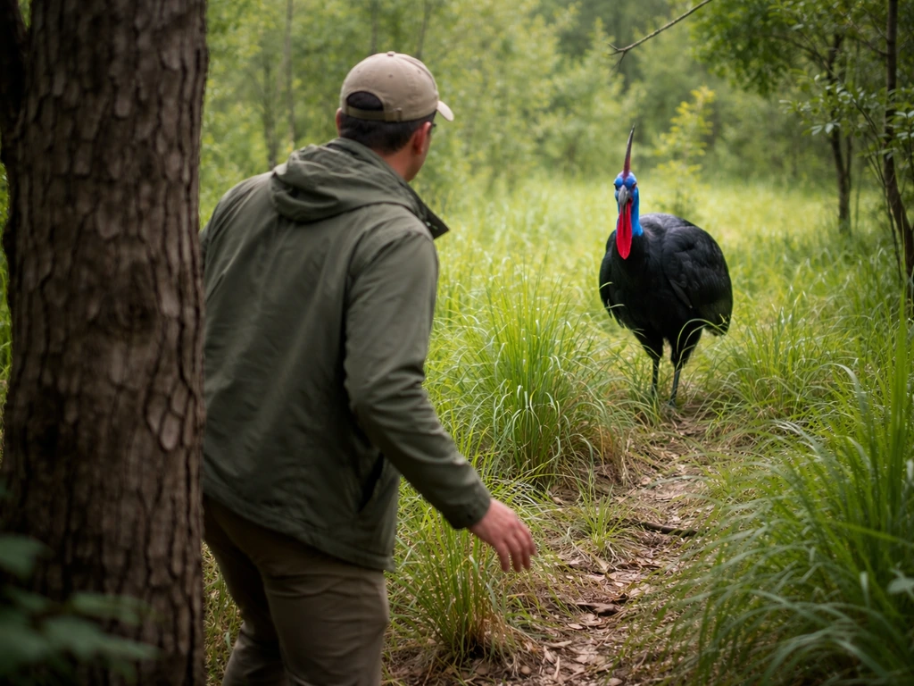 Anonymous person slowly backing away behind a tree while a cassowary stands at a safe distance.