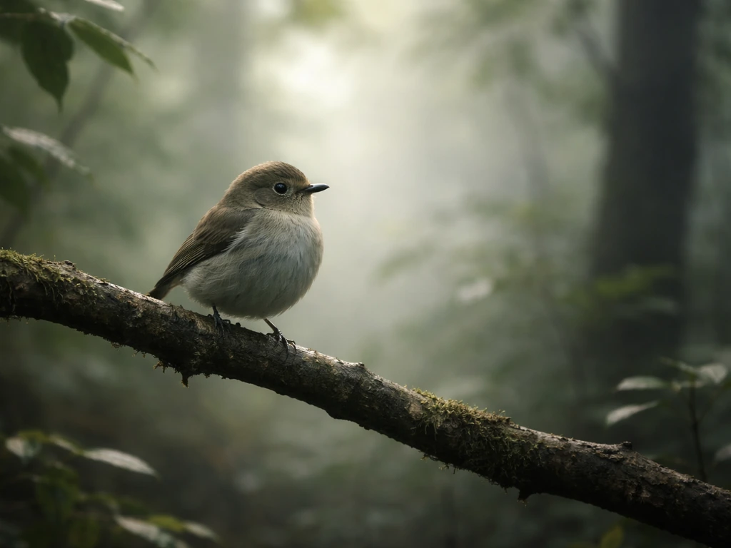 A small endangered-looking bird perched on a branch in a misty forest, morning light in the background.