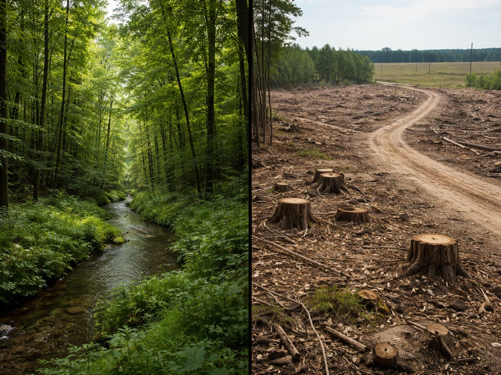Split before/after view of intact forest versus cleared farmland, showing habitat loss and fragmentation.