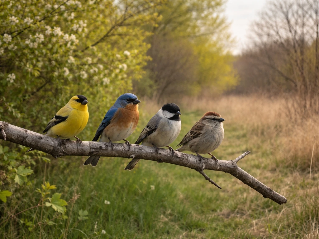 Wild songbirds on a branch with contrasting late-summer blossoms and sparse early-spring vegetation in the background.