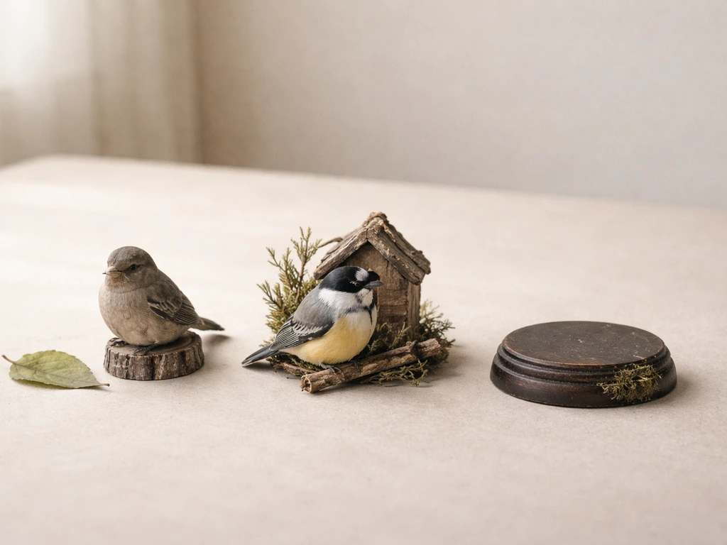 Minimal still-life with three bird-themed figurines in different states on a natural desk, no text.