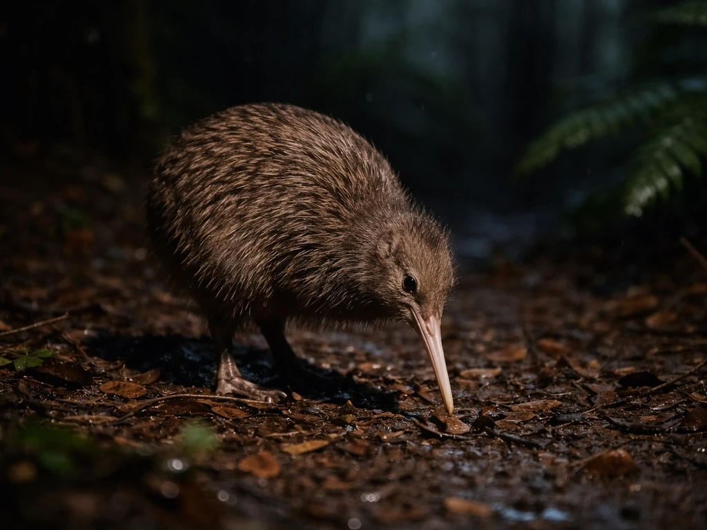 A kiwi on a dark forest floor at night, illuminated softly as it calmly forages.