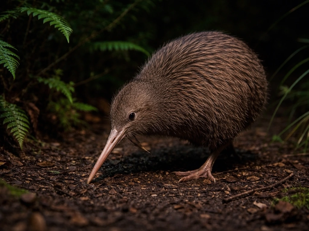 A non-threatening kiwi foraging at night near vegetation on a dark forest floor.