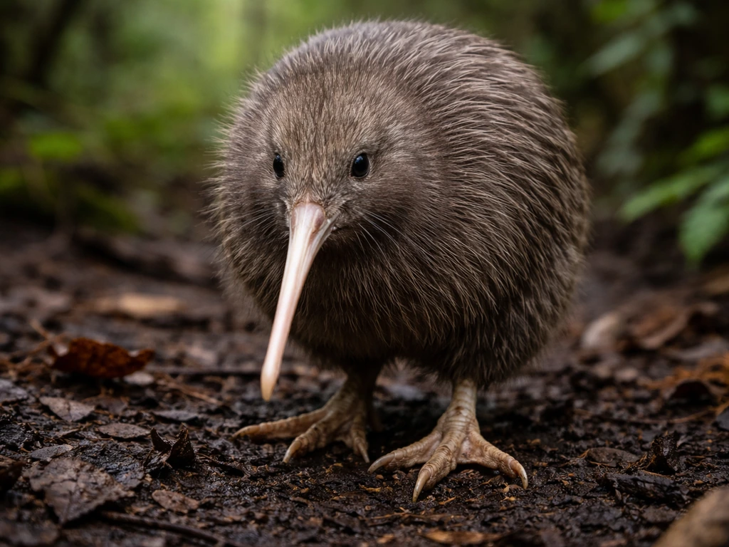 Close-up of a kiwi foot with sharp claws and a sturdy bill on forest floor