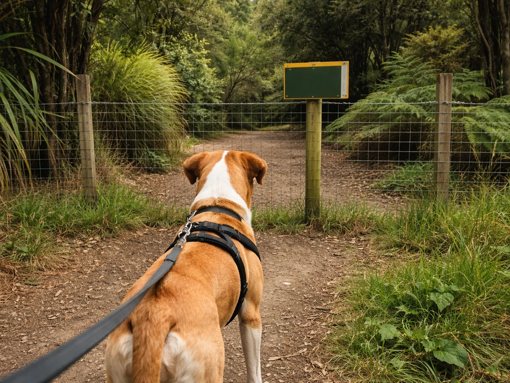 Leashed dog standing at the fenced edge of a kiwi habitat with a signpost nearby.