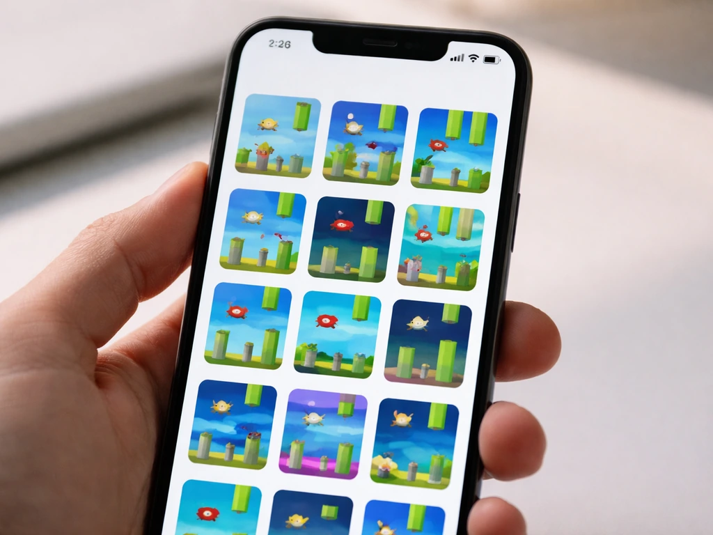 Close-up of a phone app store category showing flappy-like clone game thumbnails with unreadable text.