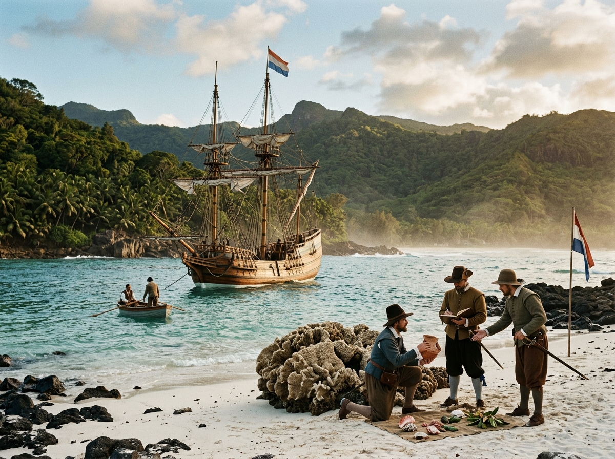 Dutch sailing ship off Mauritius coast representing earliest dodo documentation in 1598. Style: candid iPhone photo, nat