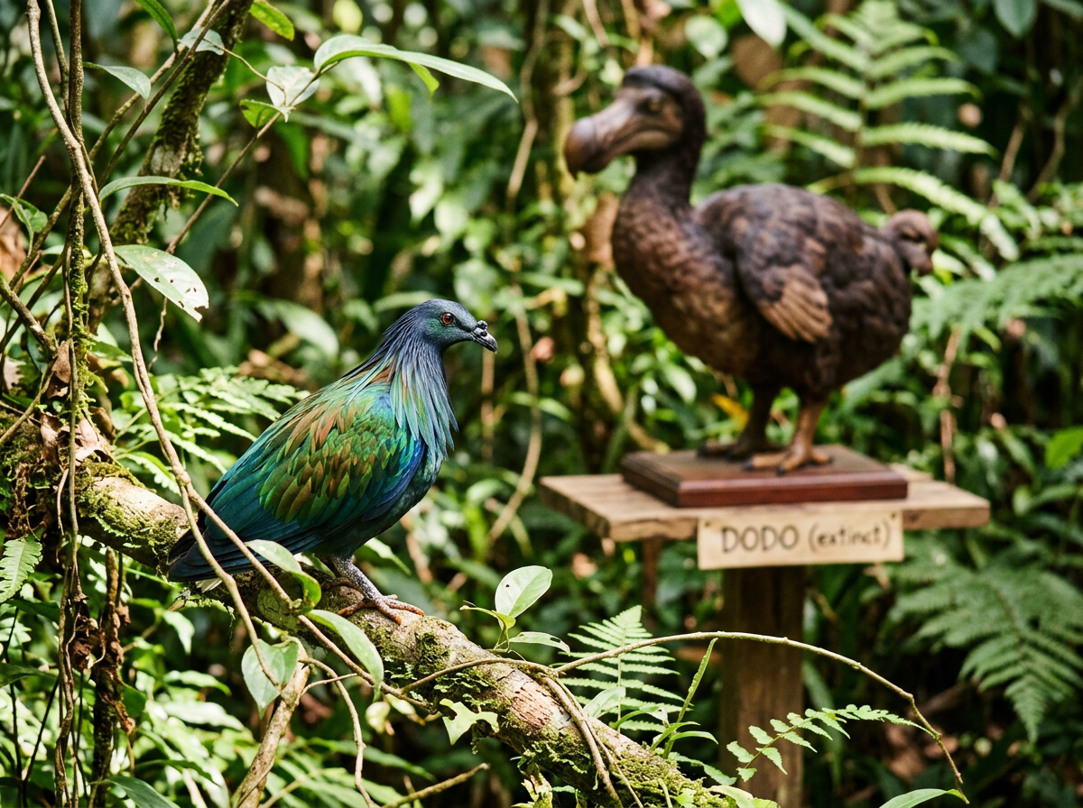 Pigeon in the foreground with a dodo model in the background for origin vs discovery context. Style: candid iPhone photo