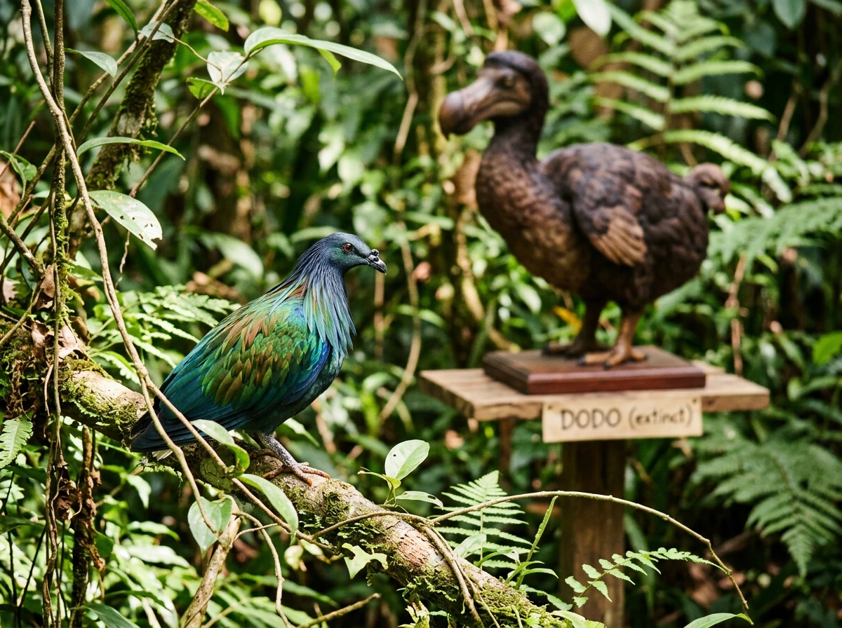 Pigeon in the foreground with a dodo model in the background for origin vs discovery context. Style: candid iPhone photo