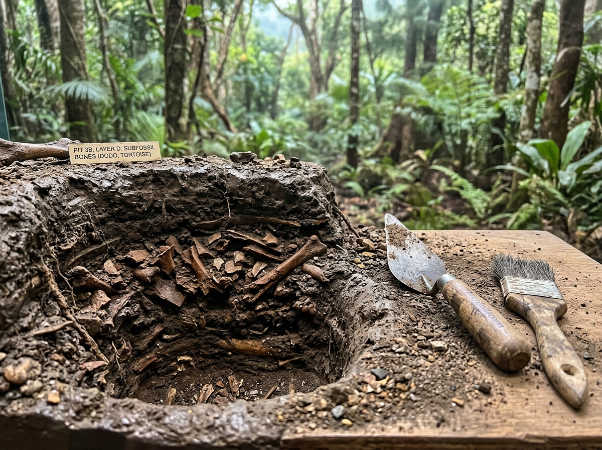 Excavation close-up with subfossil bone fragments and tools, showing where dodo remains are found. Style: candid iPhone