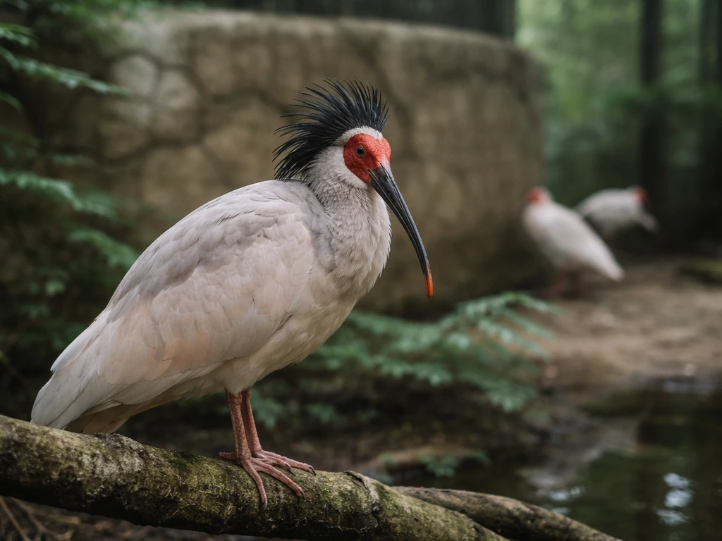 Crested ibis perched in a naturalistic enclosure with a few distant ibises hinting at recovery