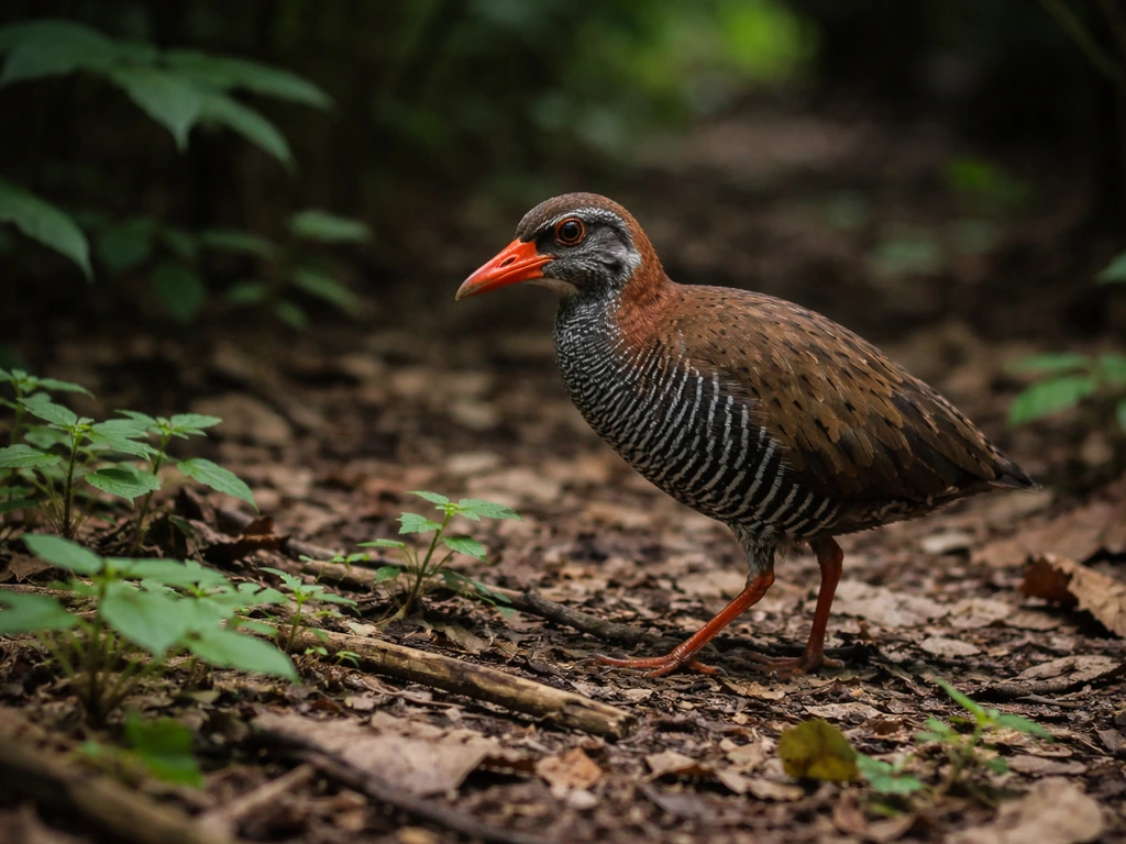 Guam rail foraging on the forest floor in dim tropical understory, alive but critically imperiled.