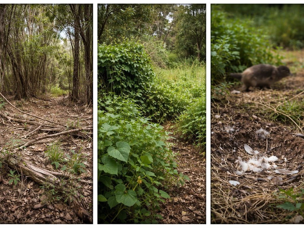 Minimal collage of a shrinking bird habitat, with invasive plants and a predatory animal in the background