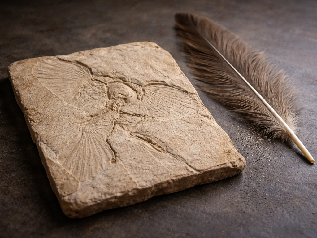 Ancient bird fossil held beside a modern ratite feather on a simple natural background.