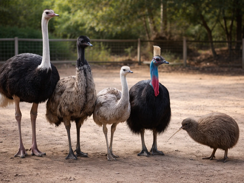 Minimal lineup of different bird species—ostrich, emu, rhea, cassowary, and kiwi—standing in a simple outdoor farmyard.