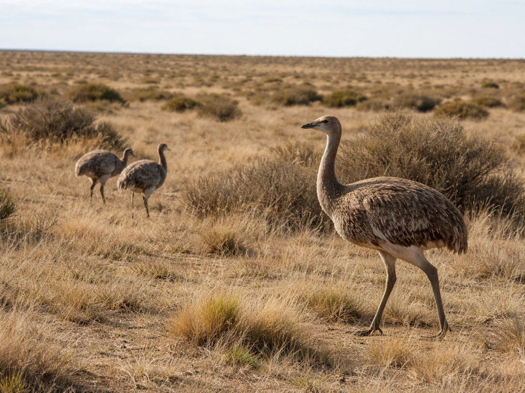 Greater and lesser rheas standing in a South American grassland with dry shrubs and open sky.