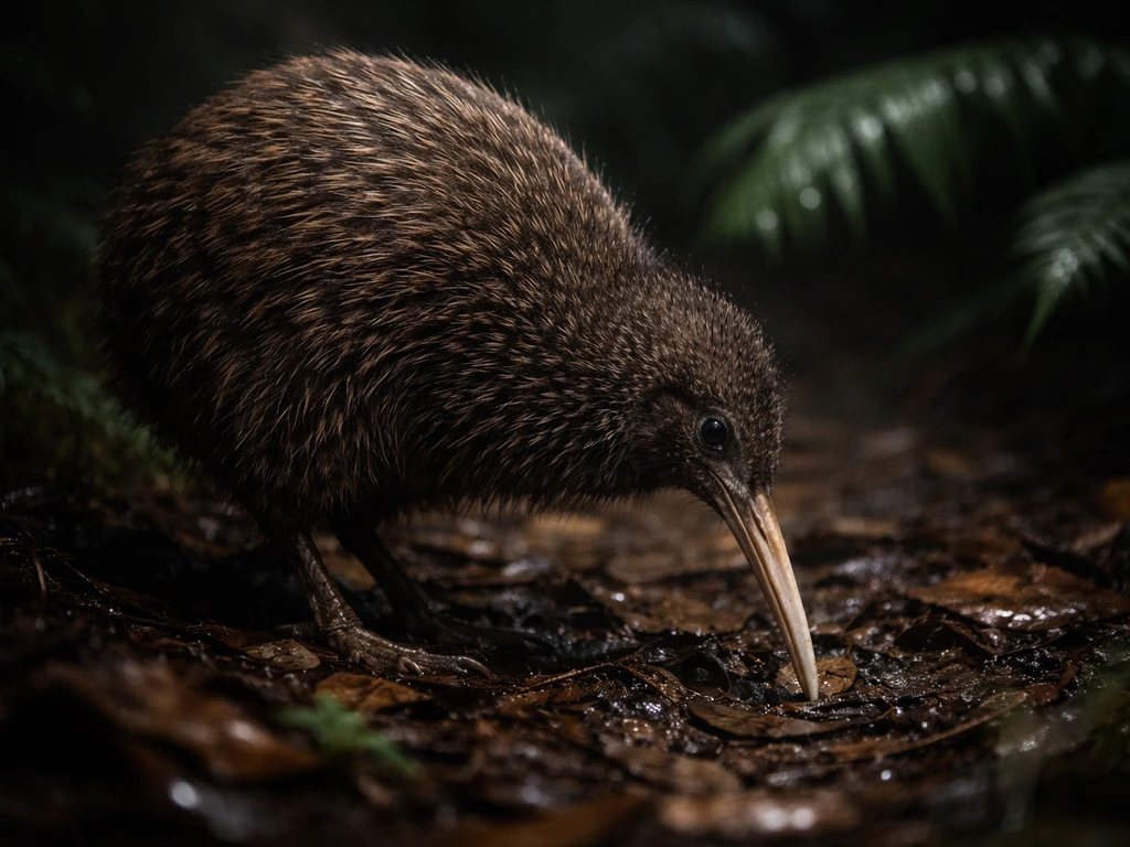 Close-up of a kiwi in dark forest undergrowth, highlighting its ancient surviving lineage