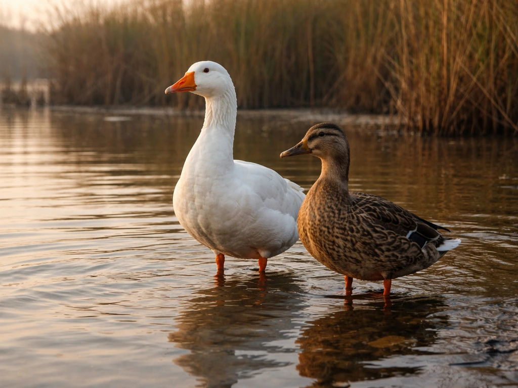 Ducks and geese-like waterfowl stand in shallow marsh water at dawn with reeds behind them.