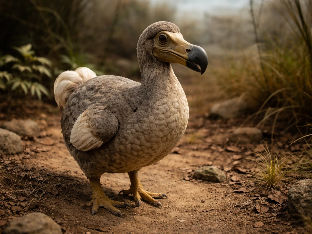 A dodo bird in a quiet museum-style habitat scene on Mauritius, showing its hooked beak and flightless stance.