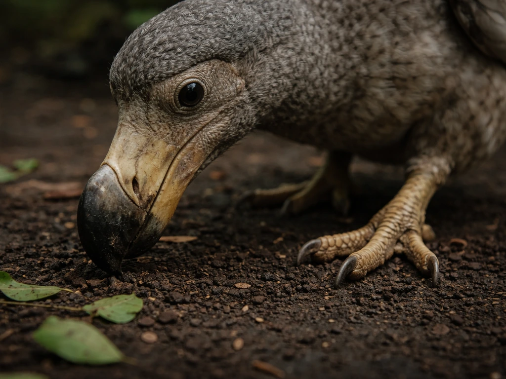 Ground-level view of a heavy, hooked-beaked dodo foraging near the earth, foot and beak close-up, non-threatening.