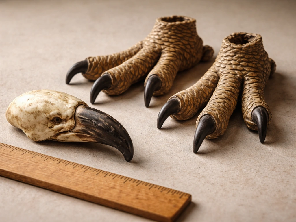 Close-up of stout bird feet and a hooked beak-shaped replica beside a ruler for scale.