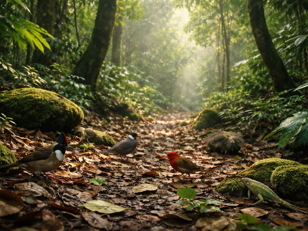Lush Mauritius woodland with dappled light and native birds foraging on the forest floor, no predators in view.
