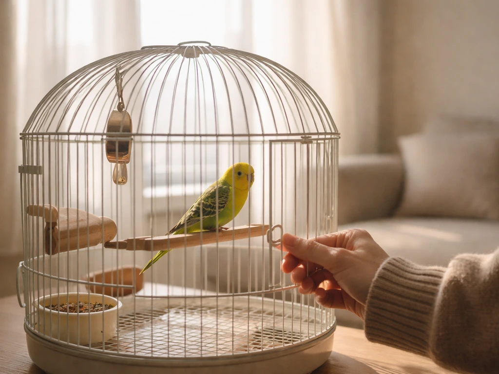 A small pet bird calmly perched in a cage near a sunlit window in a home, with a hand nearby.