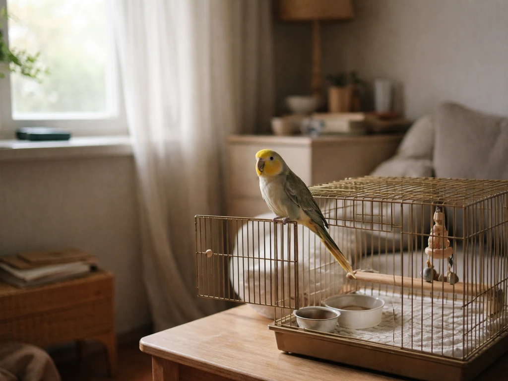 A small parrot perched near an open birdcage in a quiet home living-room corner.