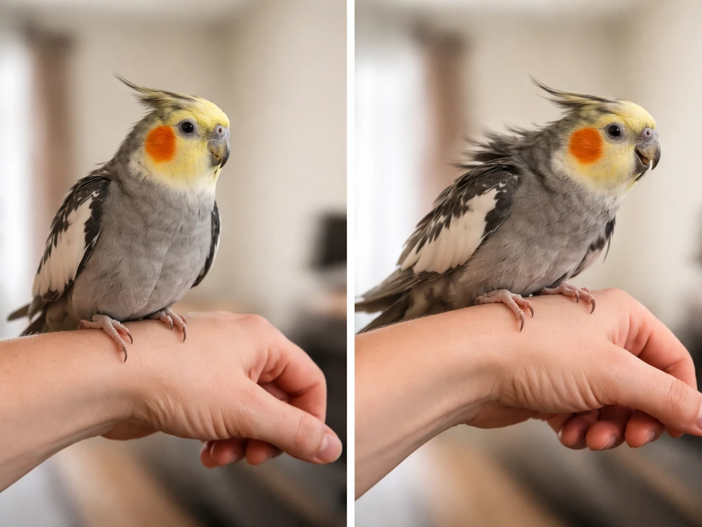 Two-panel split view: a bird being gently handled vs signs of genuine distress, shown without any text.